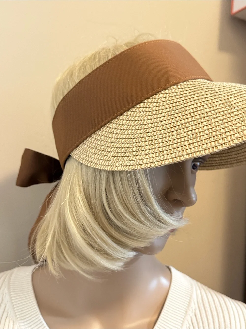 NEW✨NEW✨Tan-Brown Woven Straw Visor with Brown Tie Back- One Size 50+UPF